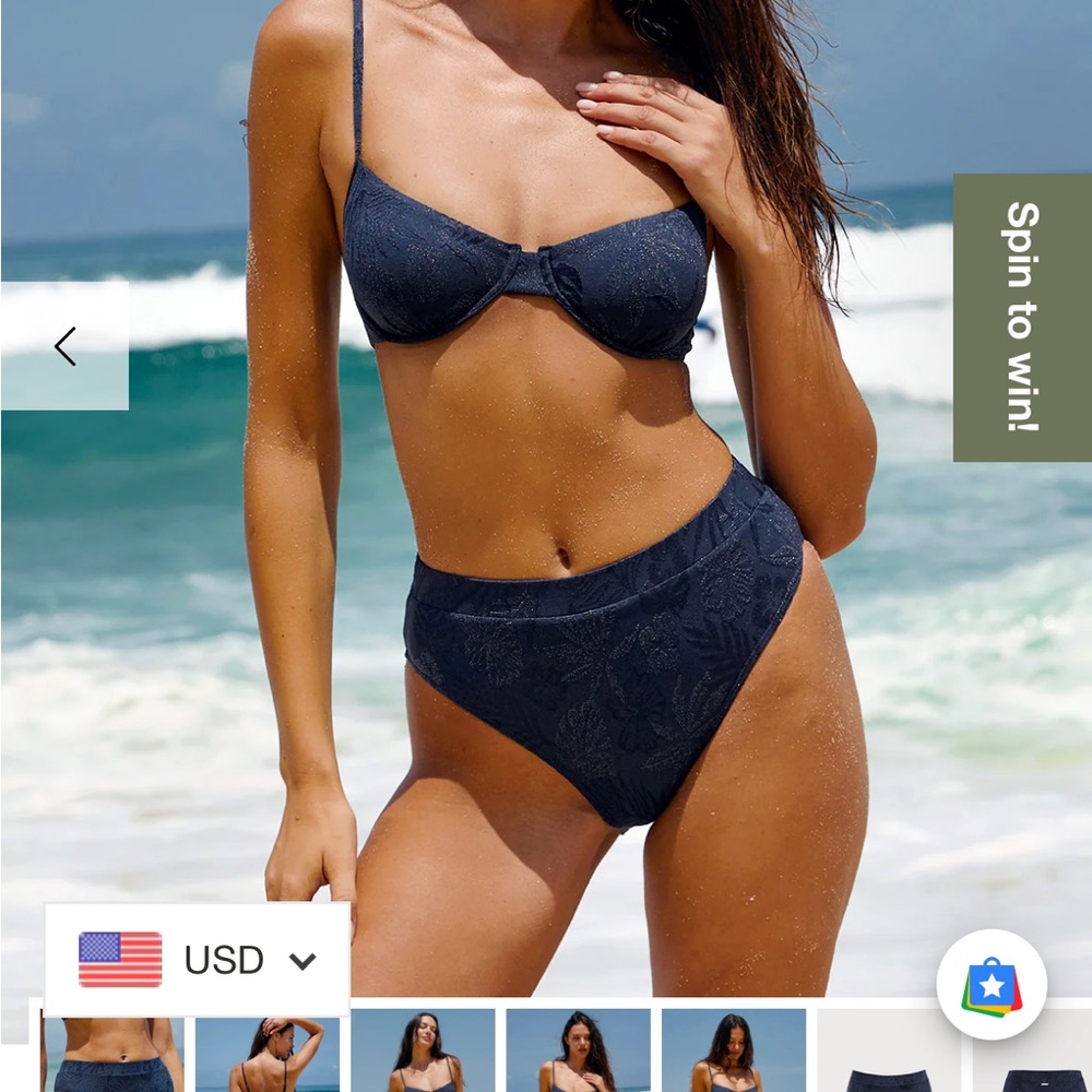Blue Shimmer Textured High Waisted Bikini Bottom